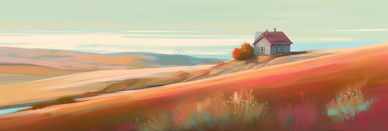 笔触纹理秋天大自然风景农舍粉色云朵山脉麦田农舍插画,插画/手绘图,插画/手绘图库,插画/手绘图下载,插画/手绘